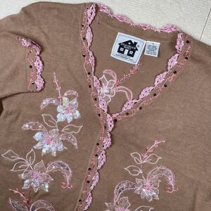 Storybook Knits "Romantic Orchids" Sm Cardigan Beige Grandma Fairy Core